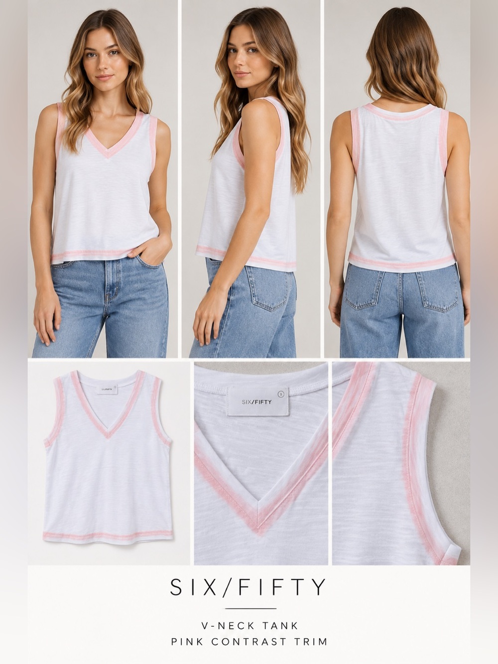 Six/Fifty White V-Neck Tank | Pink Contrast Trim | Sleeveless | NWT, Small